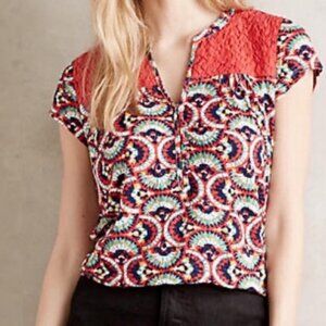 Anthropologie Porridge Bohemian Top Red Print Tee Belmar Size XS Blouse Boho Tee
